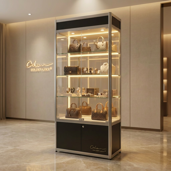 Glass Display Cabinet Black with Interior Lighting Vertical