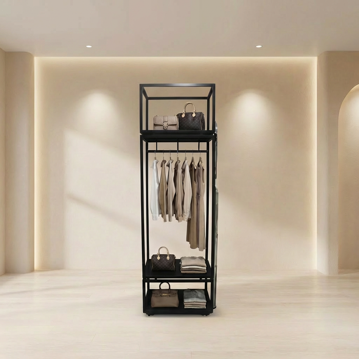 Modern Black Clothing Display Rack with Shelves – Retail Garment Stand