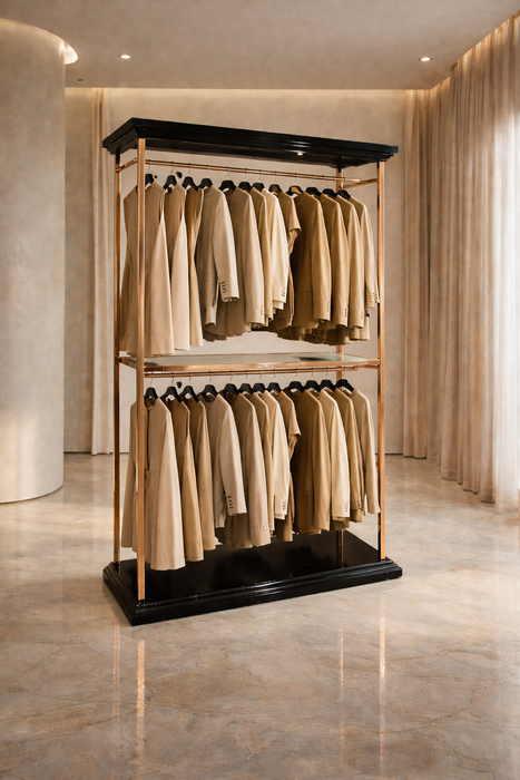 Rose Gold & Black Clothing Display Rack with Shelf – Boutique Garment Stand
